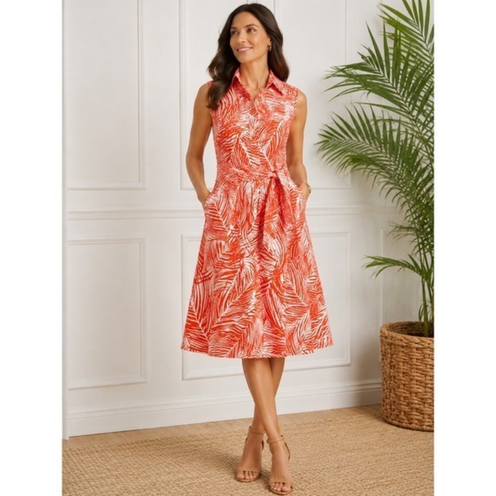 Talbots Womens Orange White Palm Leaf Print Sleeveless Tie Waist Shirt Dress 6